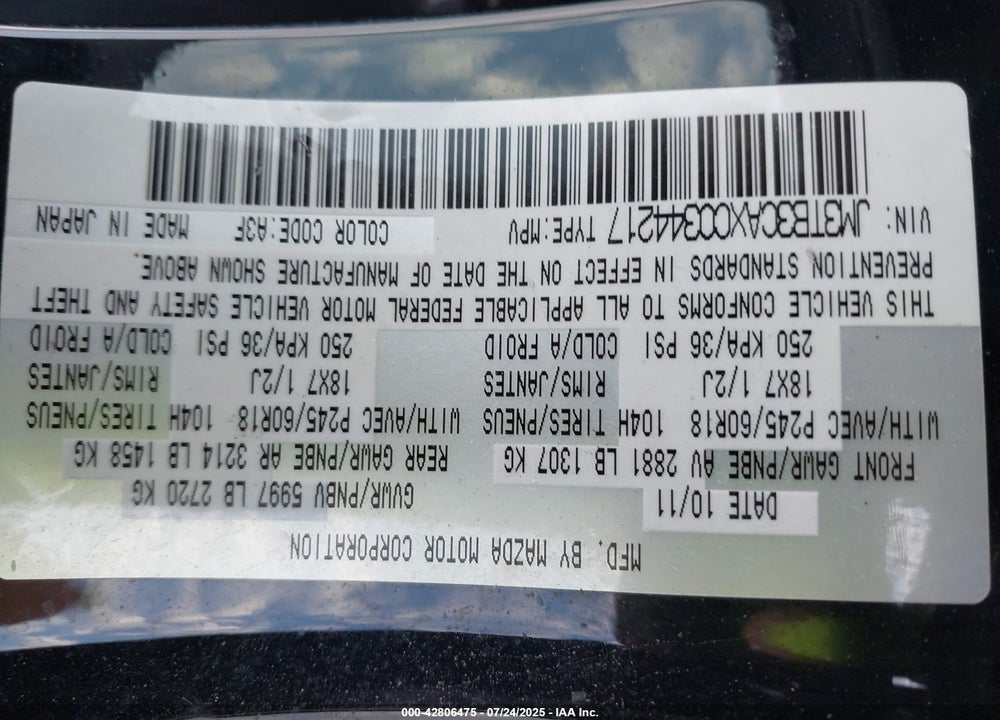 2012 MAZDA CX-9 VIN: JM3TB3CAXC0344217