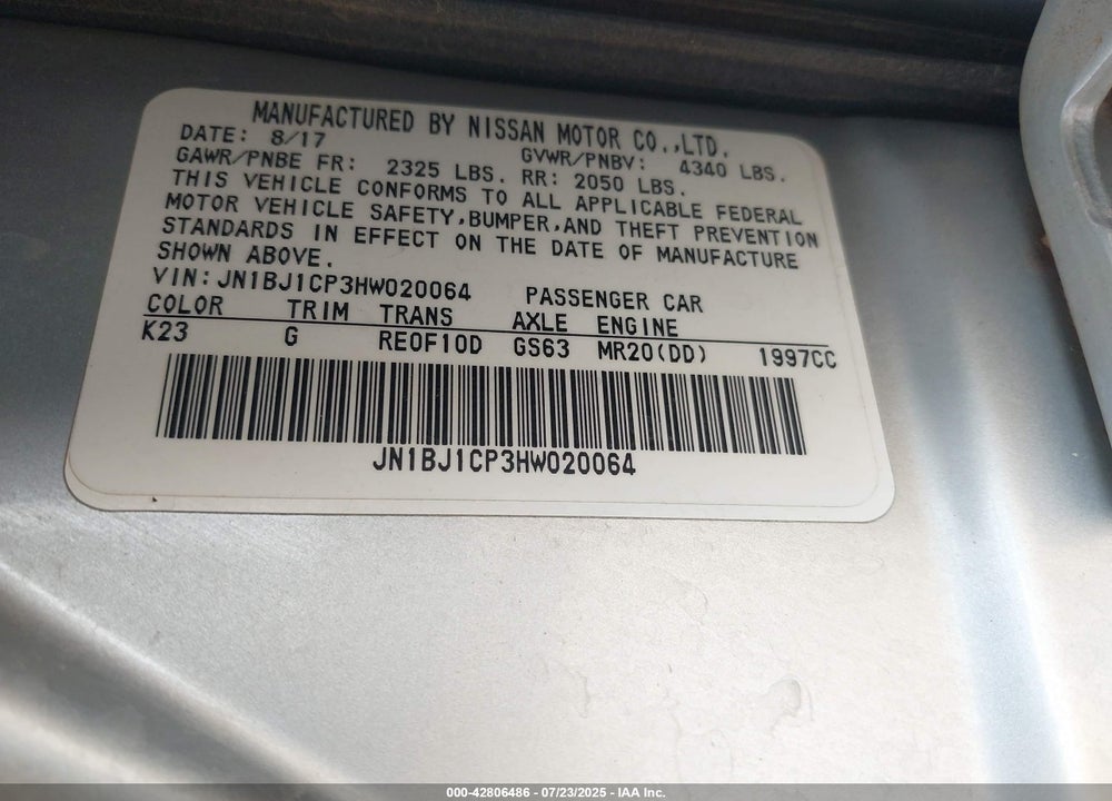 2017 NISSAN ROGUE SPORT S VIN: JN1BJ1CP3HW020064