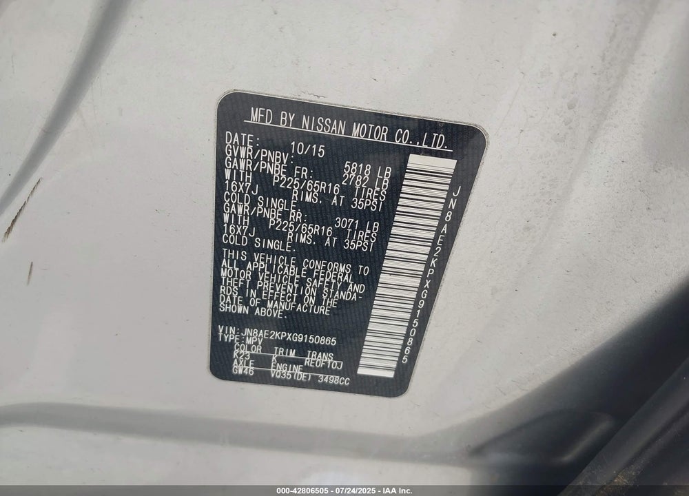 2016 NISSAN QUEST PLATINUM/S/SL/SV VIN: JN8AE2KPXG9150865