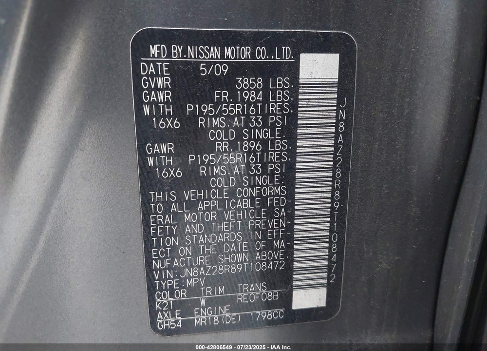 2009 NISSAN CUBE VIN: JN8AZ28R89T108472