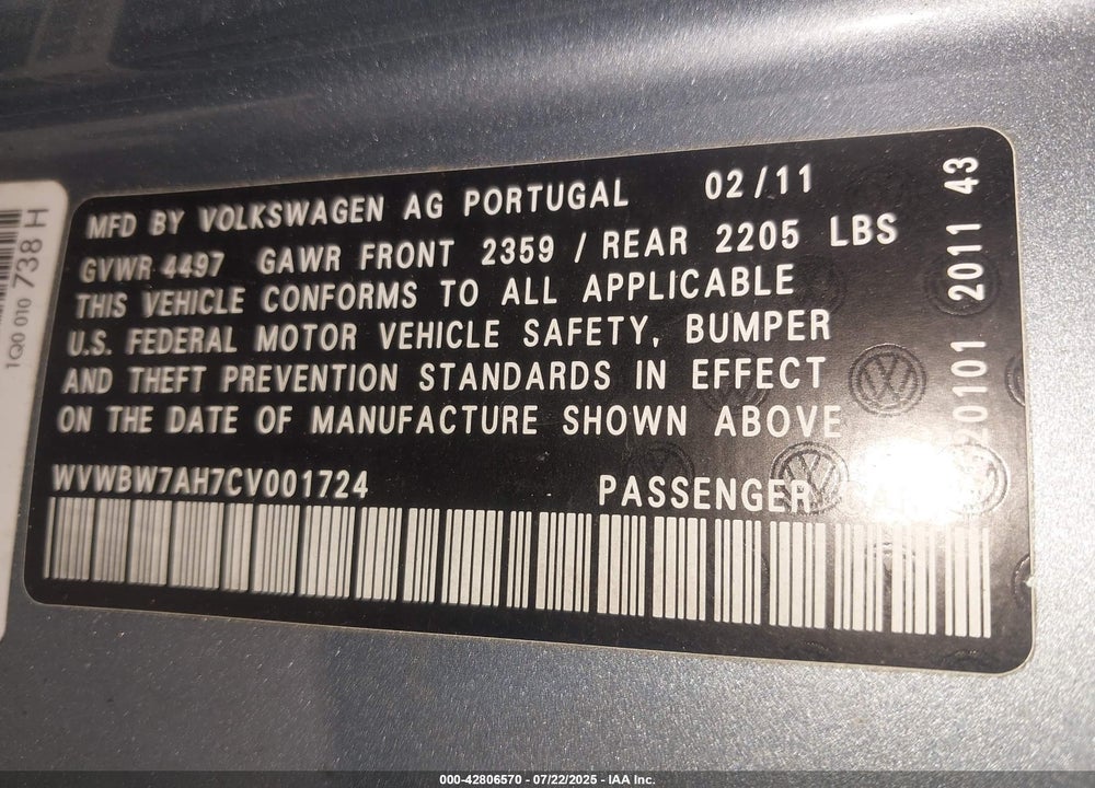 2012 VOLKSWAGEN EOS VIN: WVWBW7AH7CV001724