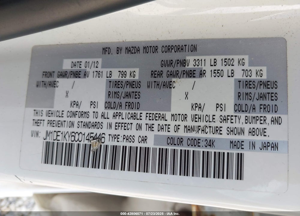 2012 MAZDA 2 VIN: JM1DE1KY6C0145446