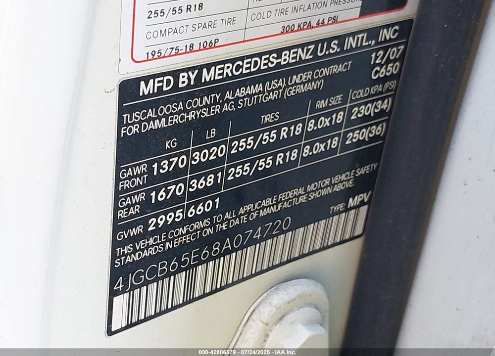 2008 MERCEDES-BENZ R 350 4MATIC VIN: 4JGCB65E68A074720