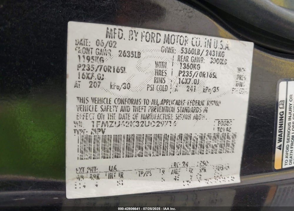 2002 FORD EXPLORER XLS VIN: 1FMZU62K32UD29716