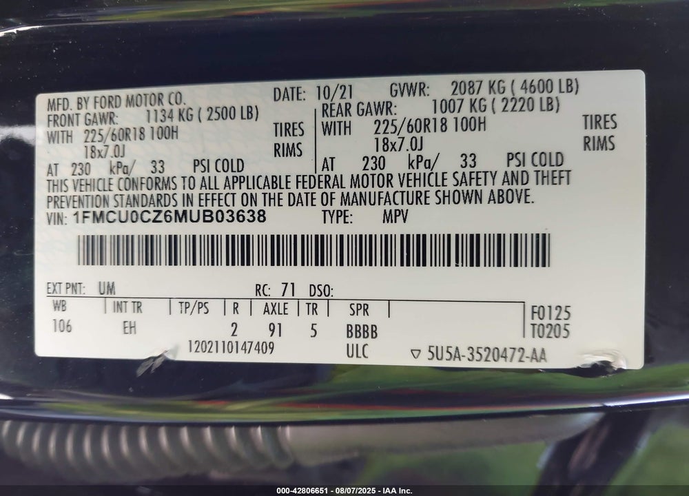 2021 FORD ESCAPE VIN: 1FMCU0CZ6MUB03638
