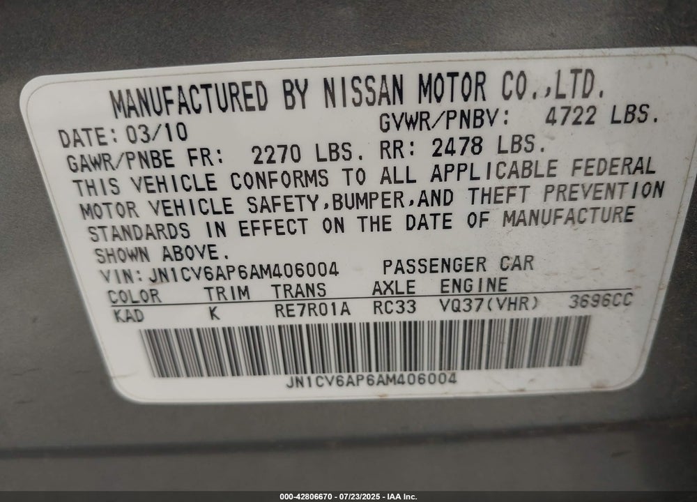 2010 INFINITI G37 VIN: JN1CV6AP6AM406004
