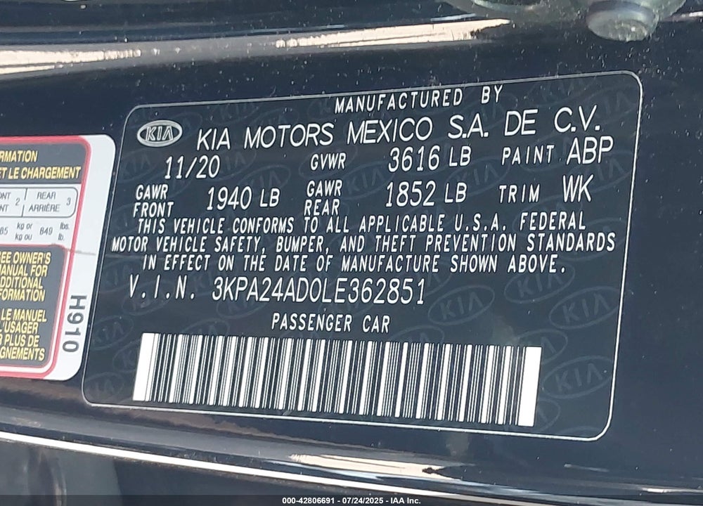 2020 KIA RIO VIN: 3KPA24AD0LE362851