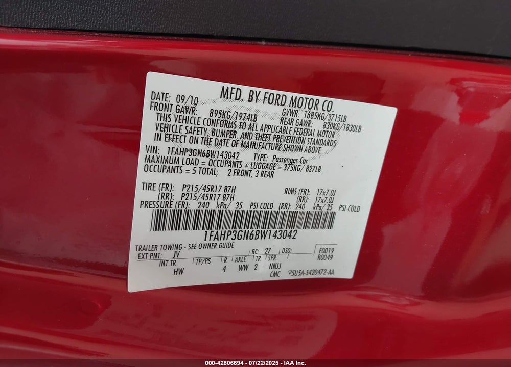2011 FORD FOCUS VIN: 1FAHP3GN6BW143042