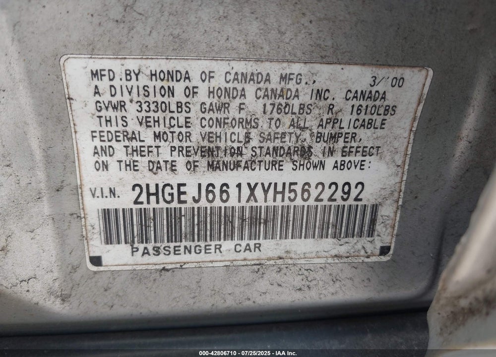 2000 HONDA CIVIC VIN: 2HGEJ661XYH562292
