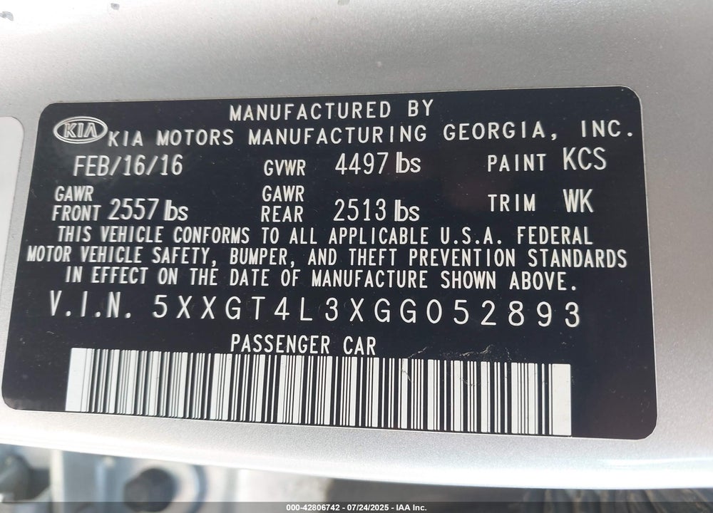 2016 KIA OPTIMA VIN: 5XXGT4L3XGG052893