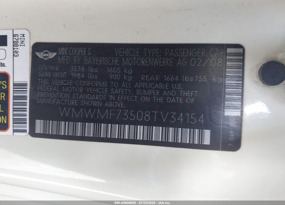 2008 MINI COOPER S VIN: WMWMF73508TV34154