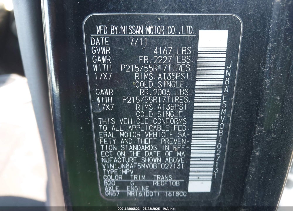 2011 NISSAN JUKE VIN: JN8AF5MV0BT027131