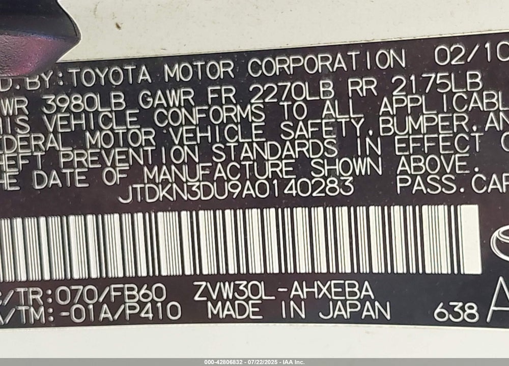 2010 TOYOTA PRIUS VIN: JTDKN3DU9A0140283