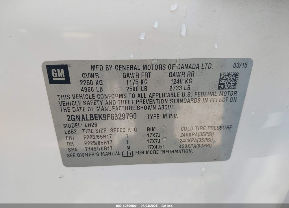 2015 CHEVROLET EQUINOX VIN: 2GNALBEK9F6329790