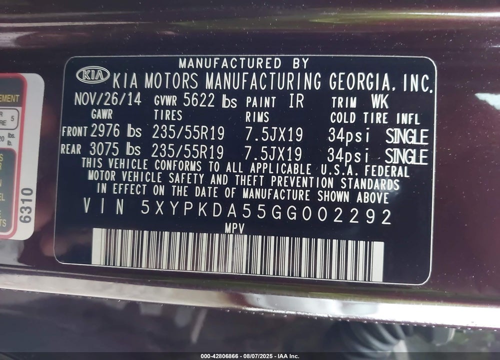 2016 KIA SORENTO VIN: 5XYPKDA55GG002292