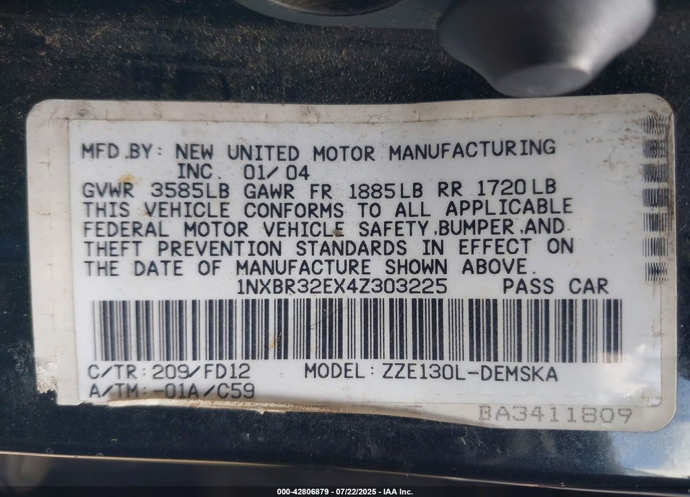 2004 TOYOTA COROLLA VIN: 1NXBR32EX4Z303225