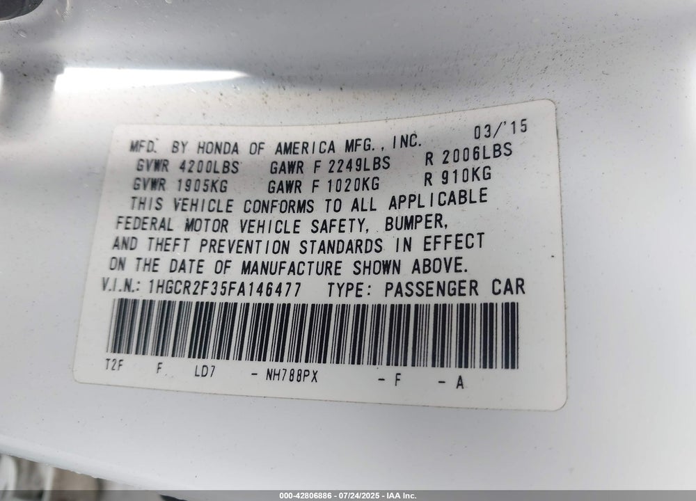 2015 HONDA ACCORD VIN: 1HGCR2F35FA146477