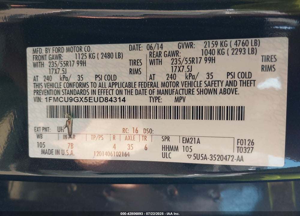 2014 FORD ESCAPE VIN: 1FMCU9GX5EUD84314