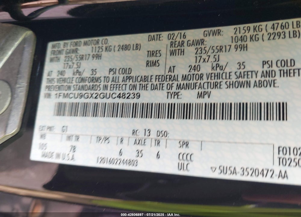 2016 FORD ESCAPE VIN: 1FMCU9GX2GUC48239