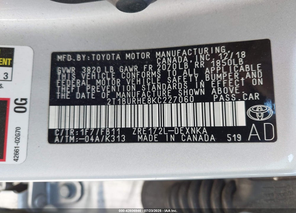 2019 TOYOTA COROLLA VIN: 2T1BURHE8KC227060