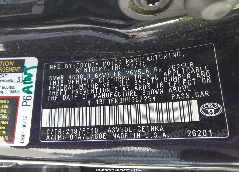 2017 TOYOTA CAMRY VIN: 4T1BF1FK3HU367254