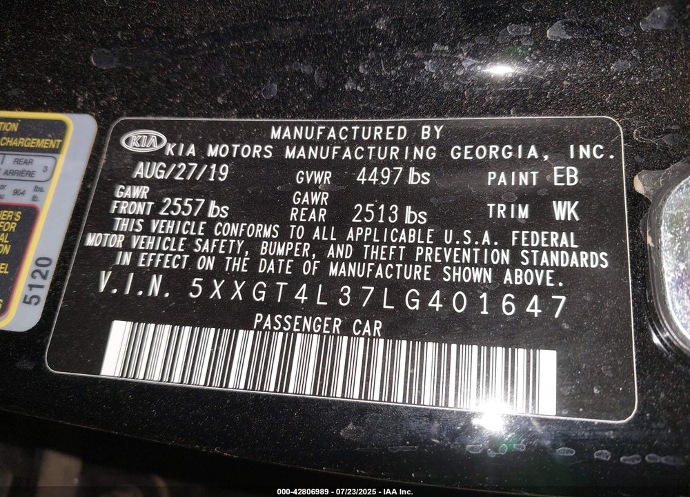 2020 KIA OPTIMA VIN: 5XXGT4L37LG401647