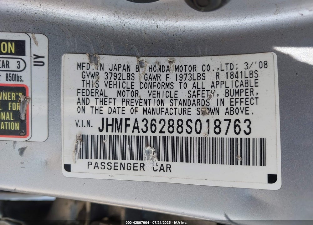 2008 HONDA CIVIC HYBRID VIN: JHMFA36288S018763