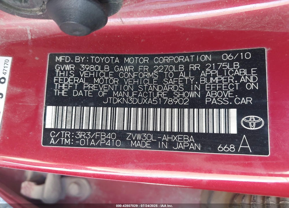 2010 TOYOTA PRIUS VIN: JTDKN3DUXA5178902