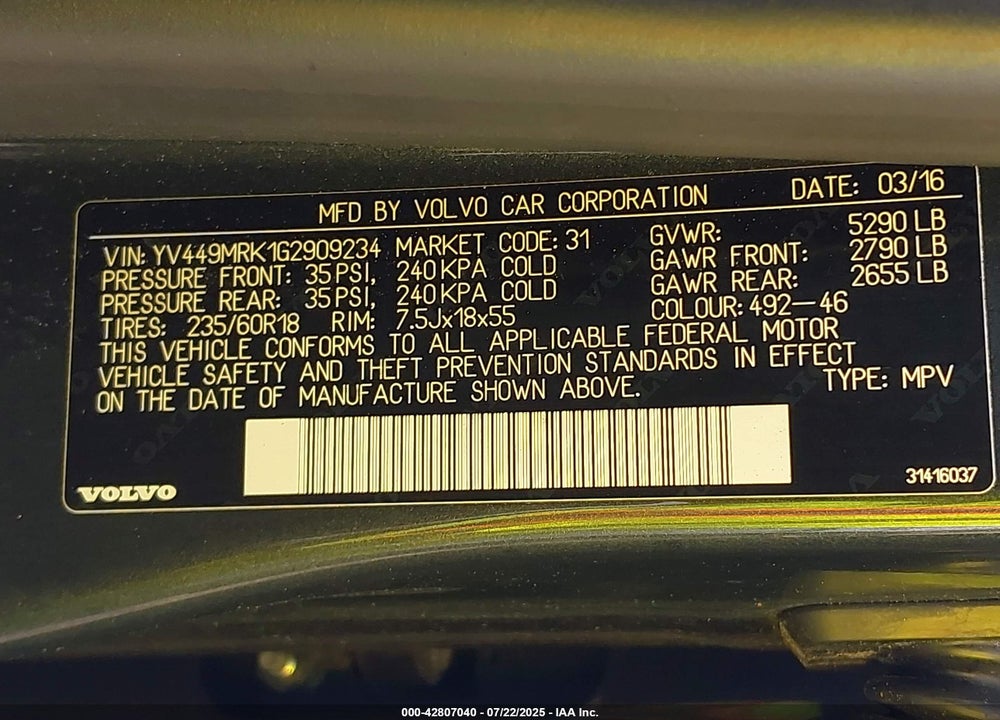 2016 VOLVO XC60 VIN: YV449MRK1G2909234