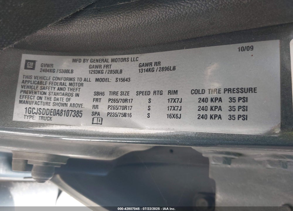 2010 CHEVROLET COLORADO VIN: 1GCJSDDE0A8107385