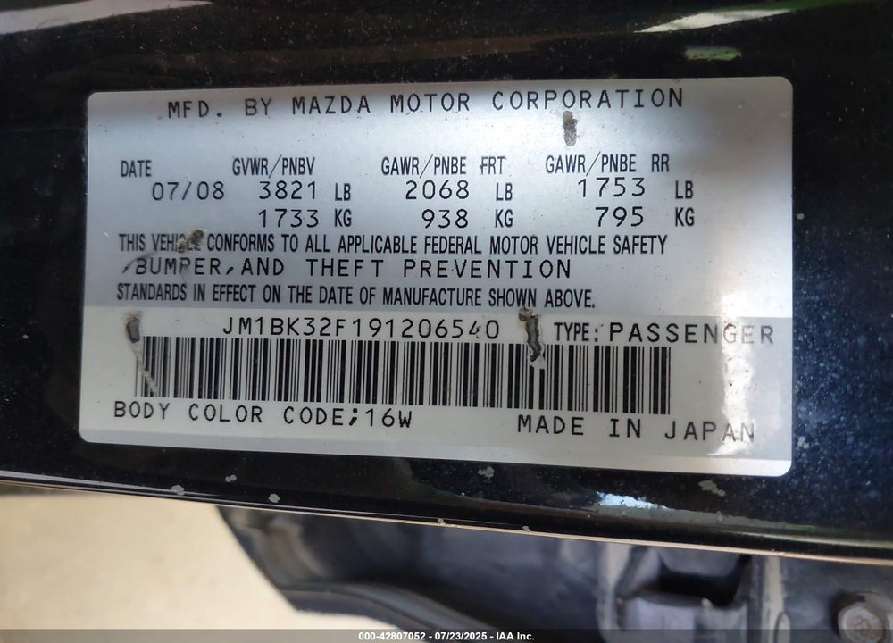 2009 MAZDA 3 VIN: JM1BK32F191206540