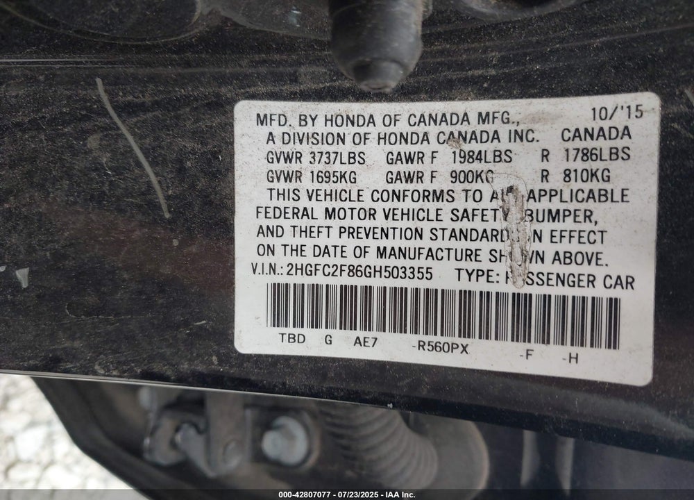 2016 HONDA CIVIC VIN: 2HGFC2F86GH503355