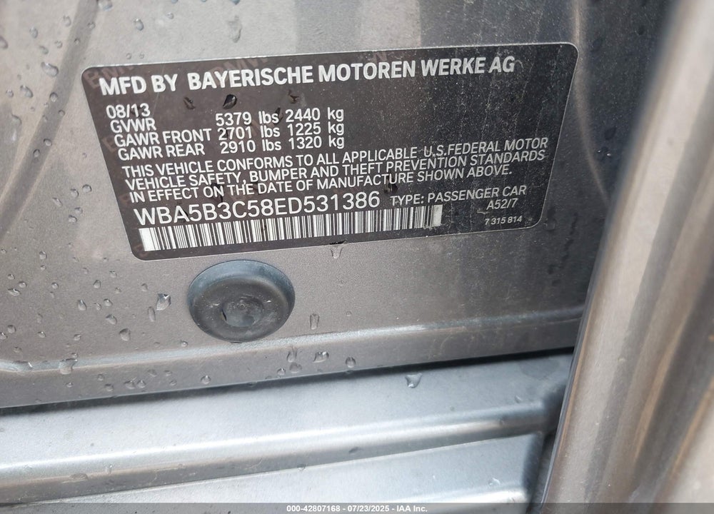 2014 BMW 5 SERIES VIN: WBA5B3C58ED531386