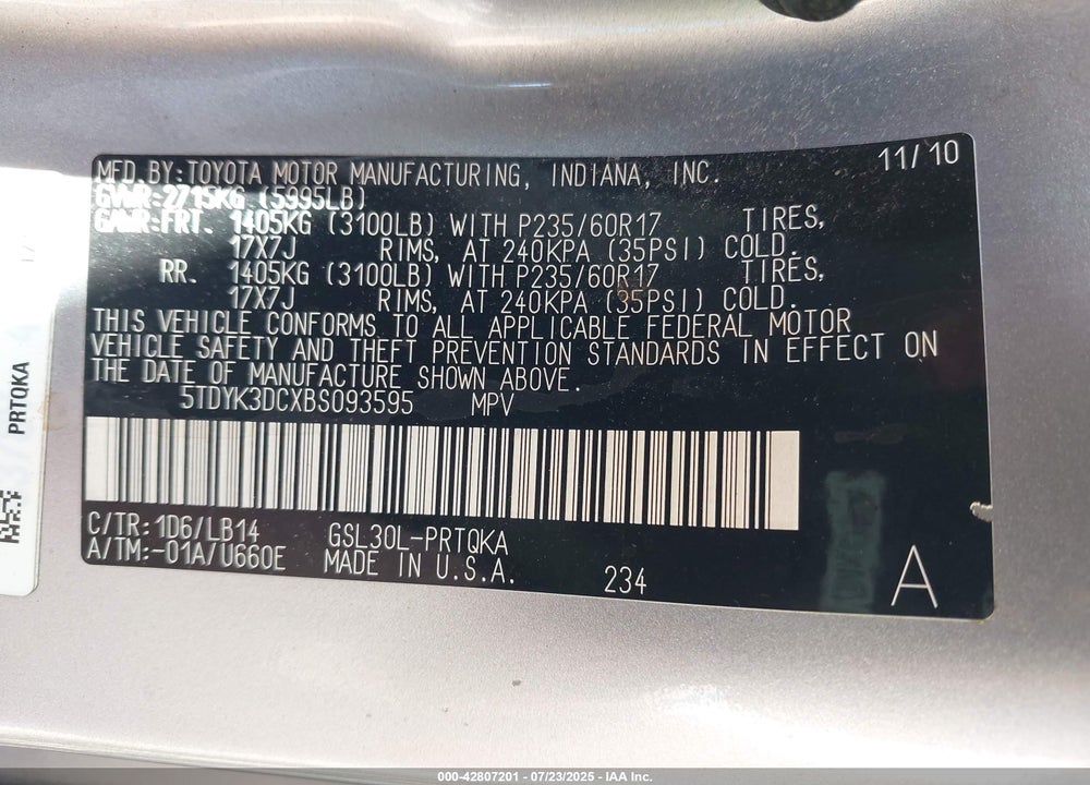 2011 TOYOTA SIENNA XLE V6 VIN: 5TDYK3DCXBS093595