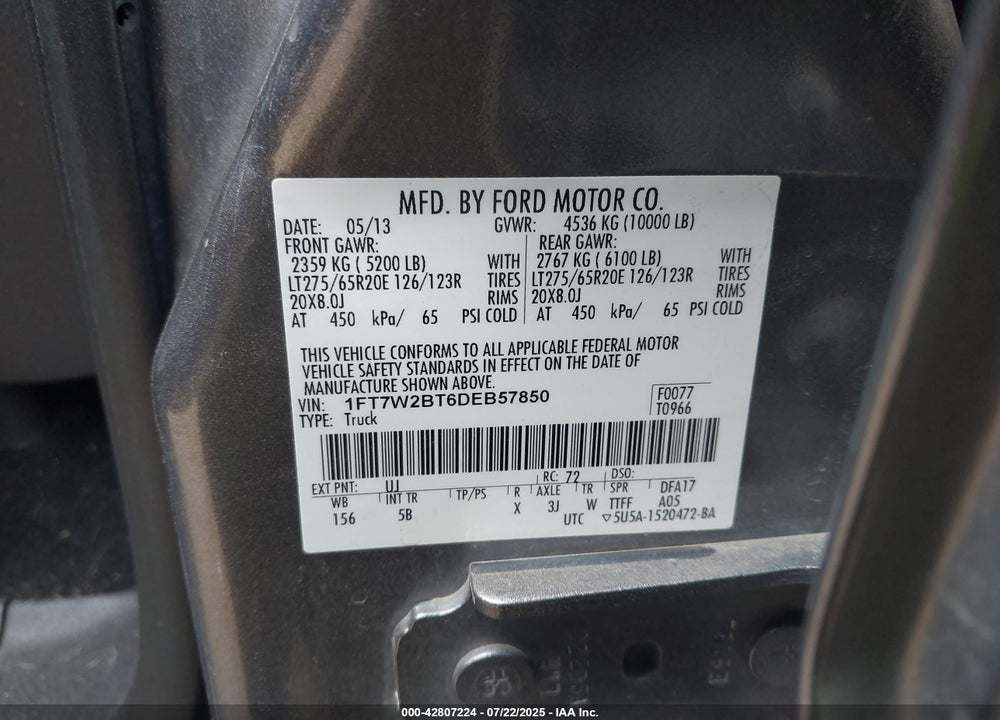 2013 FORD F-250 VIN: 1FT7W2BT6DEB57850