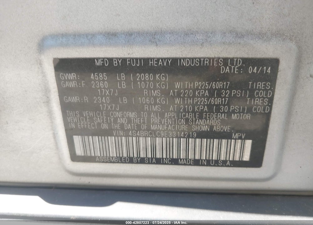2014 SUBARU OUTBACK VIN: 4S4BRCLC9E3314219