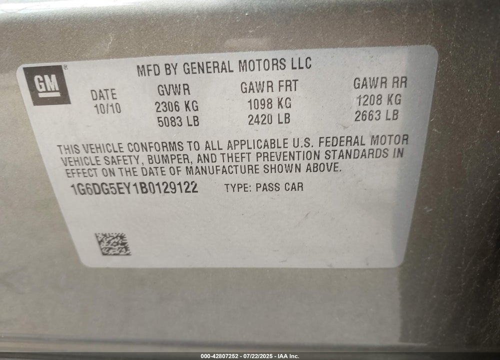 2011 CADILLAC CTS VIN: 1G6DG5EY1B0129122