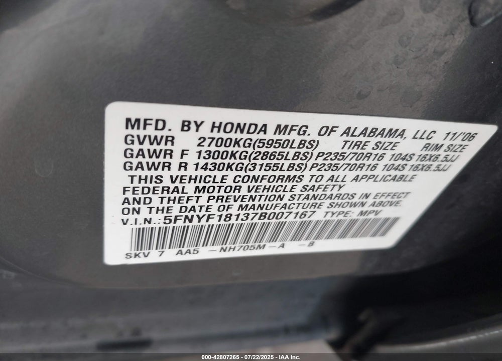 2007 HONDA PILOT VIN: 5FNYF18137B007167