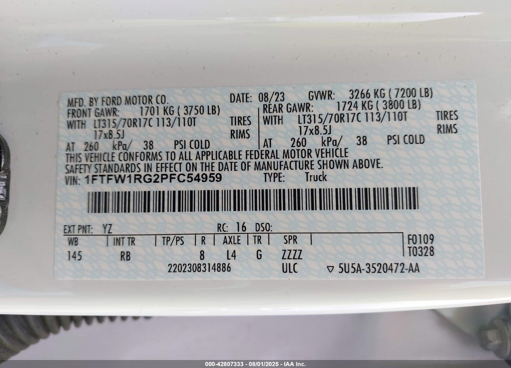 2023 FORD F-150 RAPTOR VIN: 1FTFW1RG2PFC54959