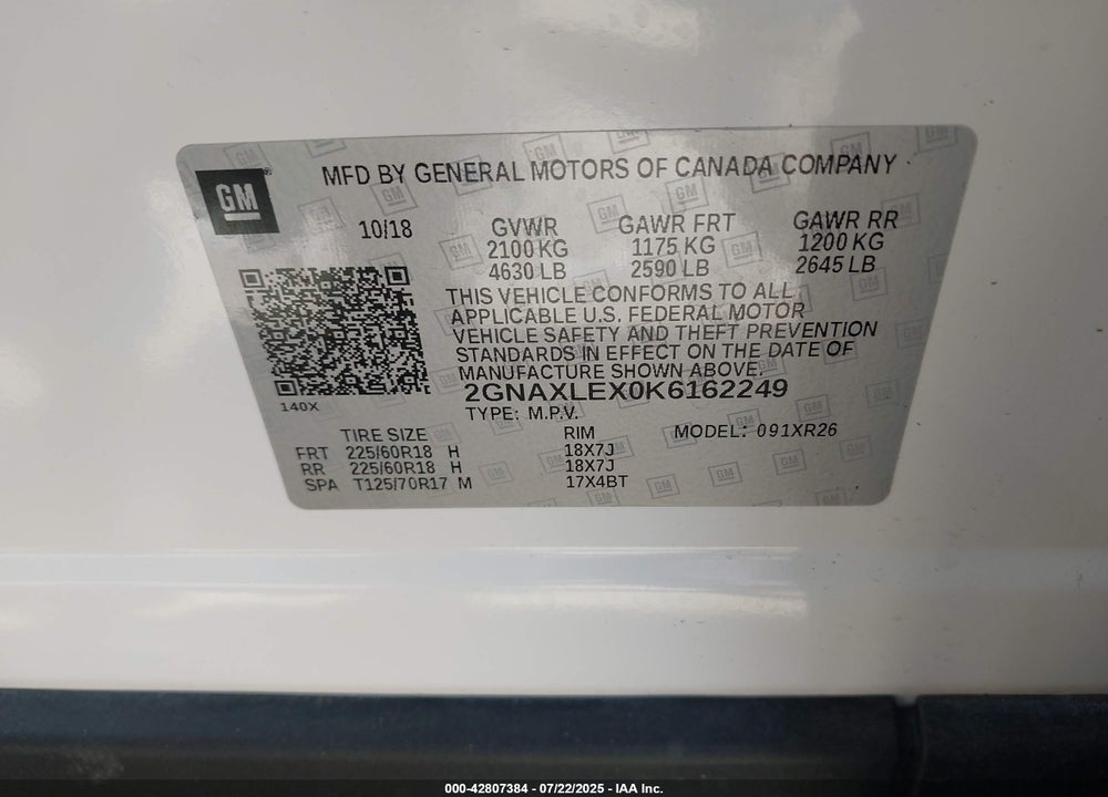2019 CHEVROLET EQUINOX LT VIN: 2GNAXLEX0K6162249