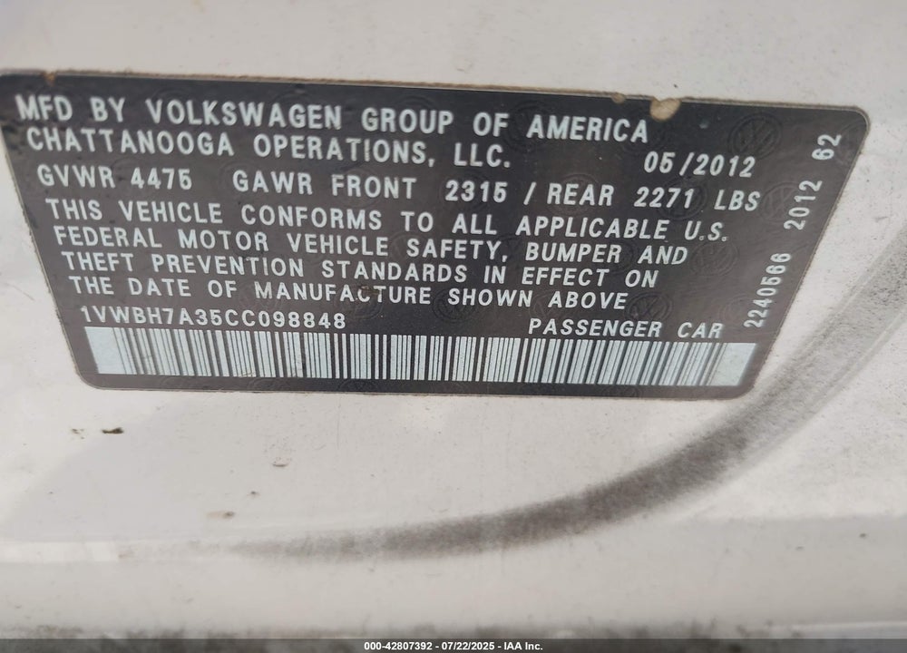 2012 VOLKSWAGEN PASSAT 2.5L SE VIN: 1VWBH7A35CC098848