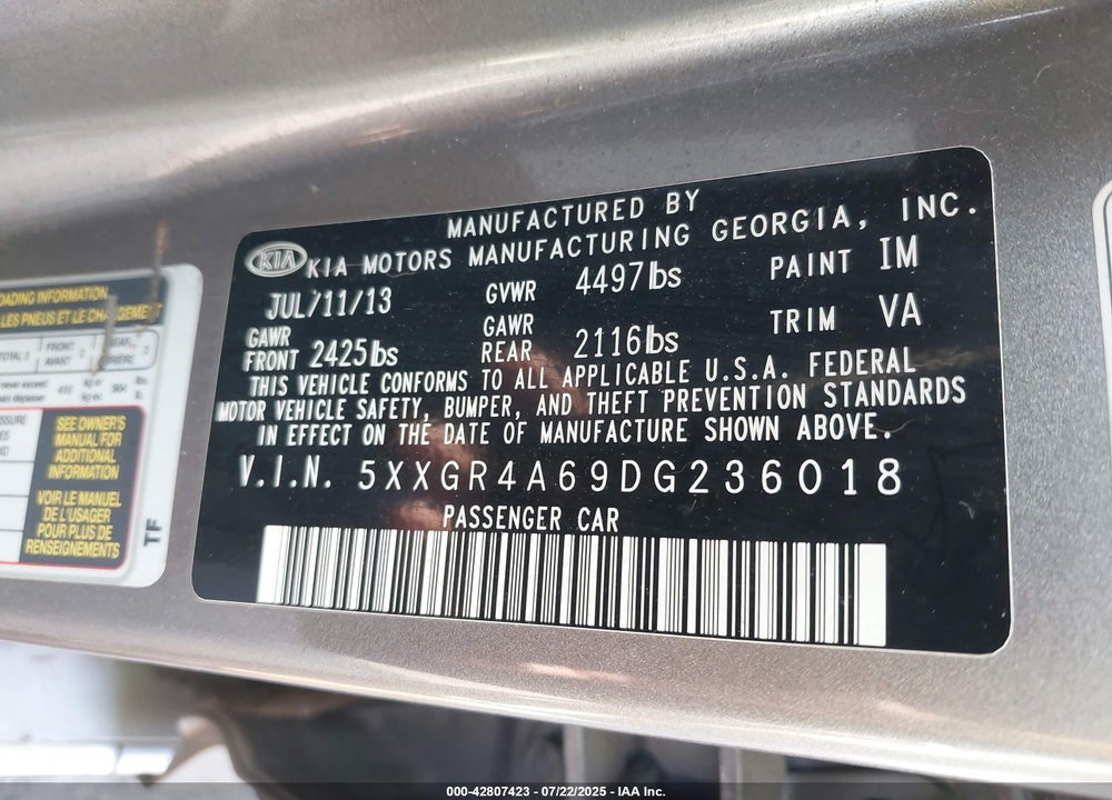 2013 KIA OPTIMA VIN: 5XXGR4A69DG236018