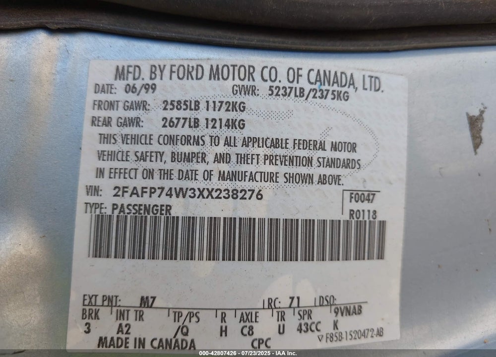 1999 FORD CROWN VICTORIA LX VIN: 2FAFP74W3XX238276