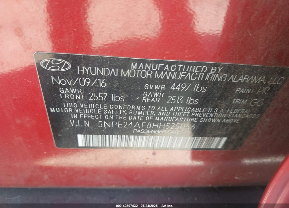 2017 HYUNDAI SONATA VIN: 5NPE24AF8HH525056