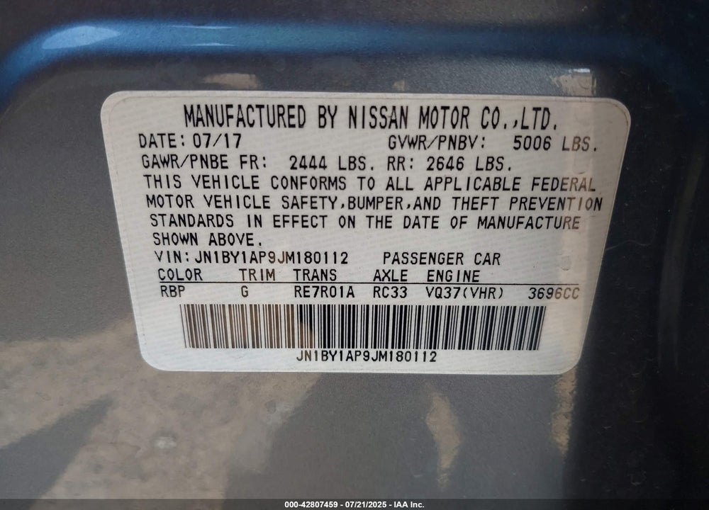 2018 INFINITI Q70 3.7 LUXE VIN: JN1BY1AP9JM180112