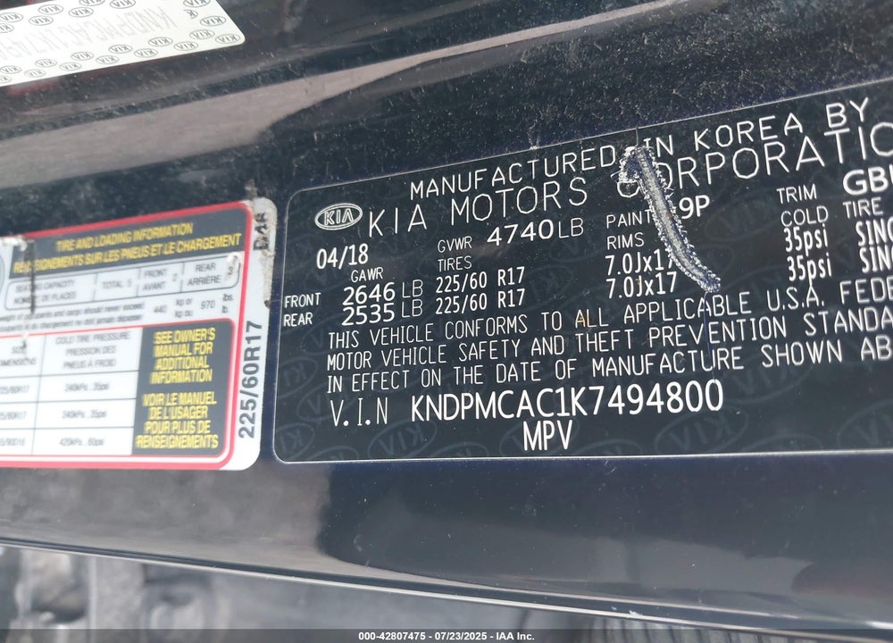 2019 KIA SPORTAGE VIN: KNDPMCAC1K7494800