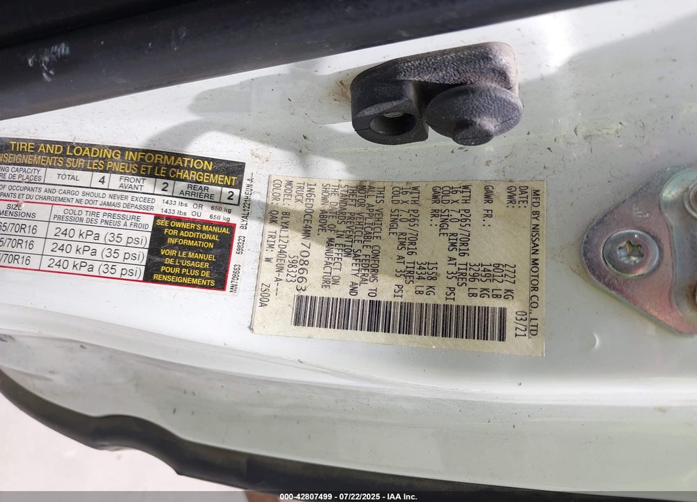 2021 NISSAN FRONTIER VIN: 1N6ED0CE4MN708663