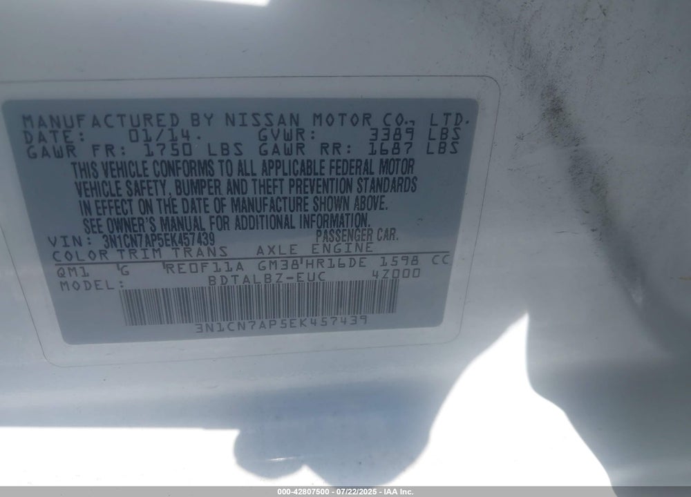 2014 NISSAN VERSA VIN: 3N1CN7AP5EK457439