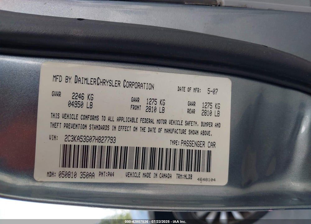 2007 CHRYSLER 300 TOURING VIN: 2C3KA53G07H827793