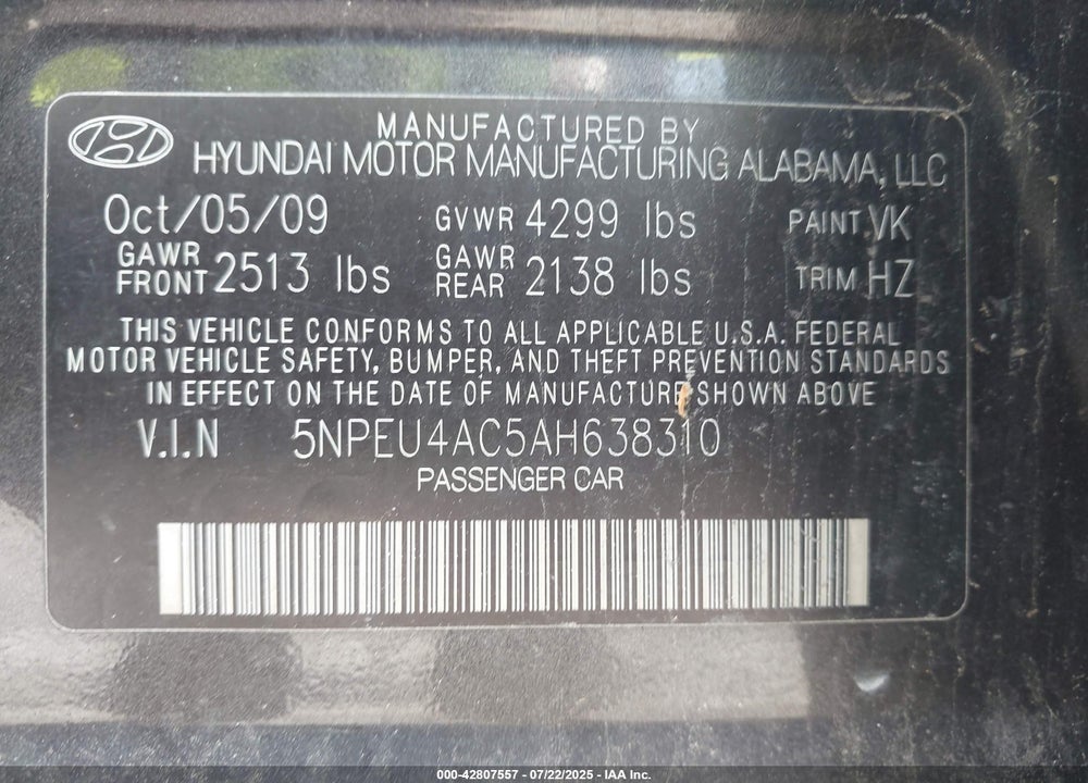 2010 HYUNDAI SONATA VIN: 5NPEU4AC5AH638310